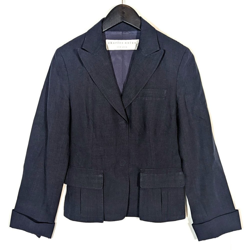 Charles Nolan NY 100% LINEN Blazer Jacket Women's Career Top Size 6 Navy Blue